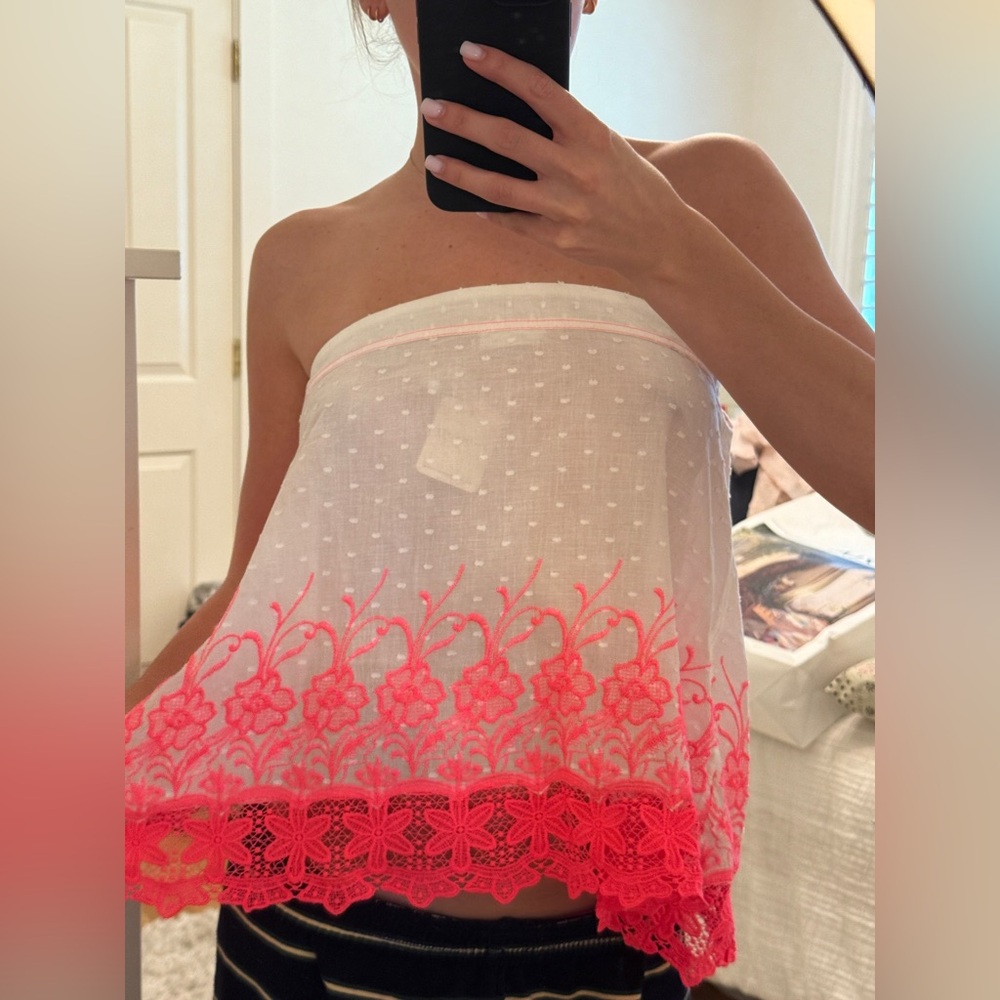 White and Pink Lace Strapless Top